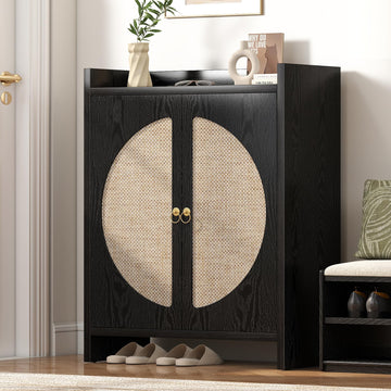 Shoe Cabinet Storage - Rattan Entry Way Shoe Storage Cabinet with Adjustable Shelves, Wood Shoe Organizer Cabinet