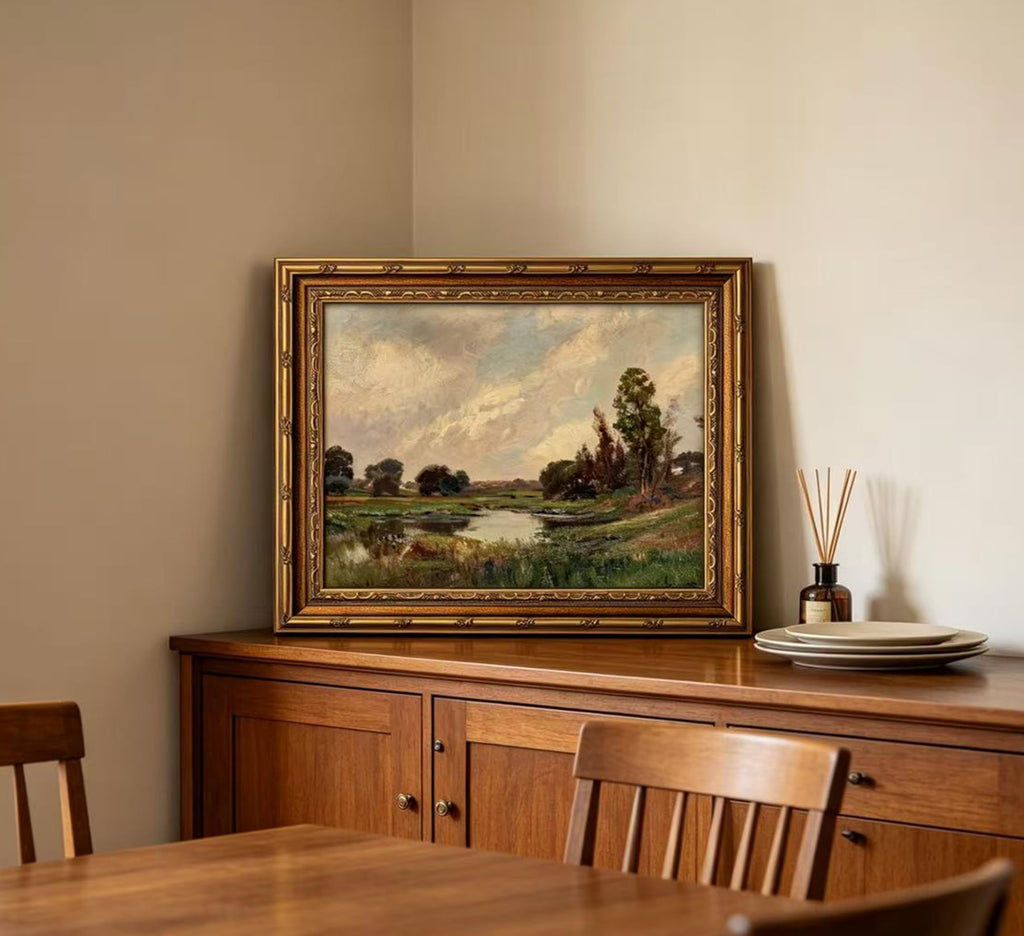 Vintage Gold Framed Landscape Wall Art, Retro Impressionist River Landscape Oil Painting Canvas Prints, Rustic Meadow