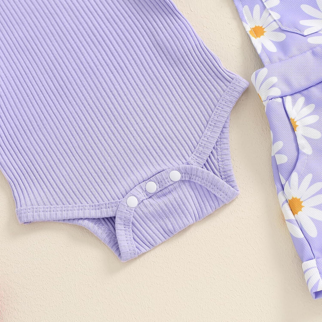 Newborn Baby Girl Clothes Summer Outfit Short Sleeve Ribbed Romper Floral Suspender Overalls Shorts Set