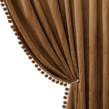 Camel Velvet Pom Pom Blackout Curtains 52x96 Inch 2 Panels | Blackout, Super soft velvet,vintage, luxury, thermal