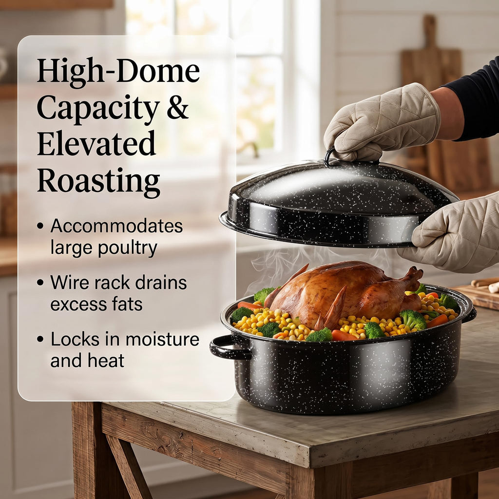 19.3" Enamel Roasting Pan with Lid & Rack Oval Turkey Roaster Pan
