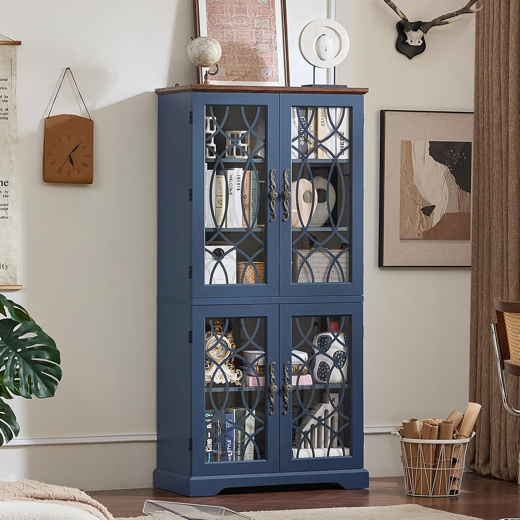 67" Tall Bookshelf, Rustic Book Shelf w/Vintage Pattern Tempered Glass Doors, 5-Tier Wood Bookcase with Adjustable