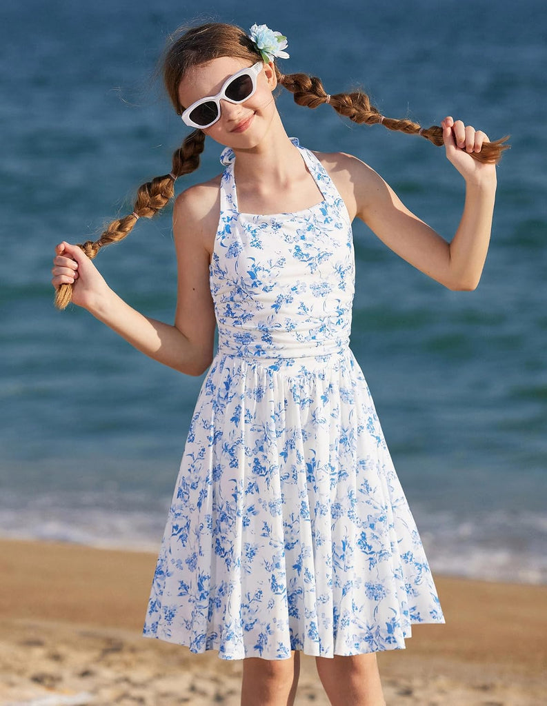 Girls Floral Summer Spring Halter Tie Back Dresses