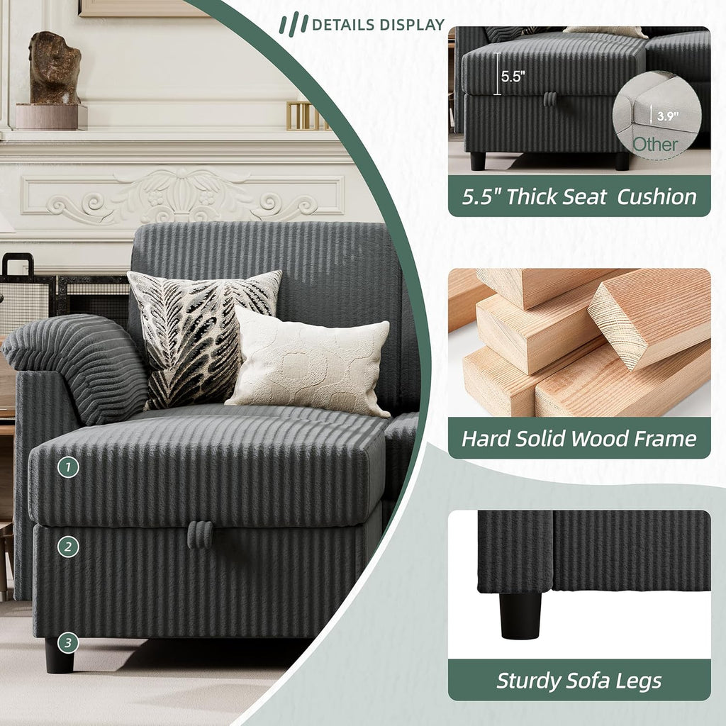 Convertible Sectional Sofa Couch, 3 Seat L Shaped Sofa with Removable Pillows Soft Corduroy Fabric Small Couch Mid