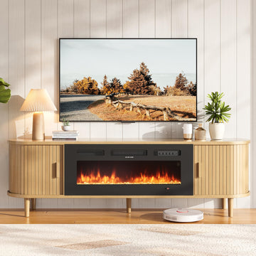 70" Mid Century Modern TV Stand with Fireplace, Fluted Fireplace TV Stand, Entertainment Center with Sliding Door