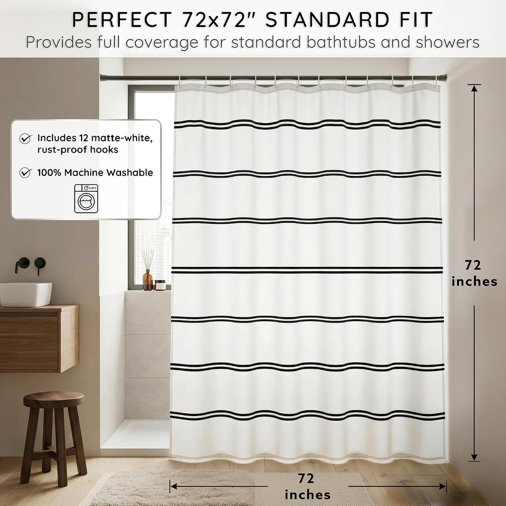 Black and White Shower Curtain - PVC-Free & Washable - Boho Modern Farmhouse Bathroom Decor - 72x72 Inches Soft-Touch