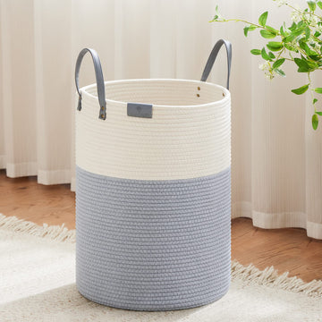 58L Tall Woven Rope Laundry Hamper, Leather Handles, Grey & White