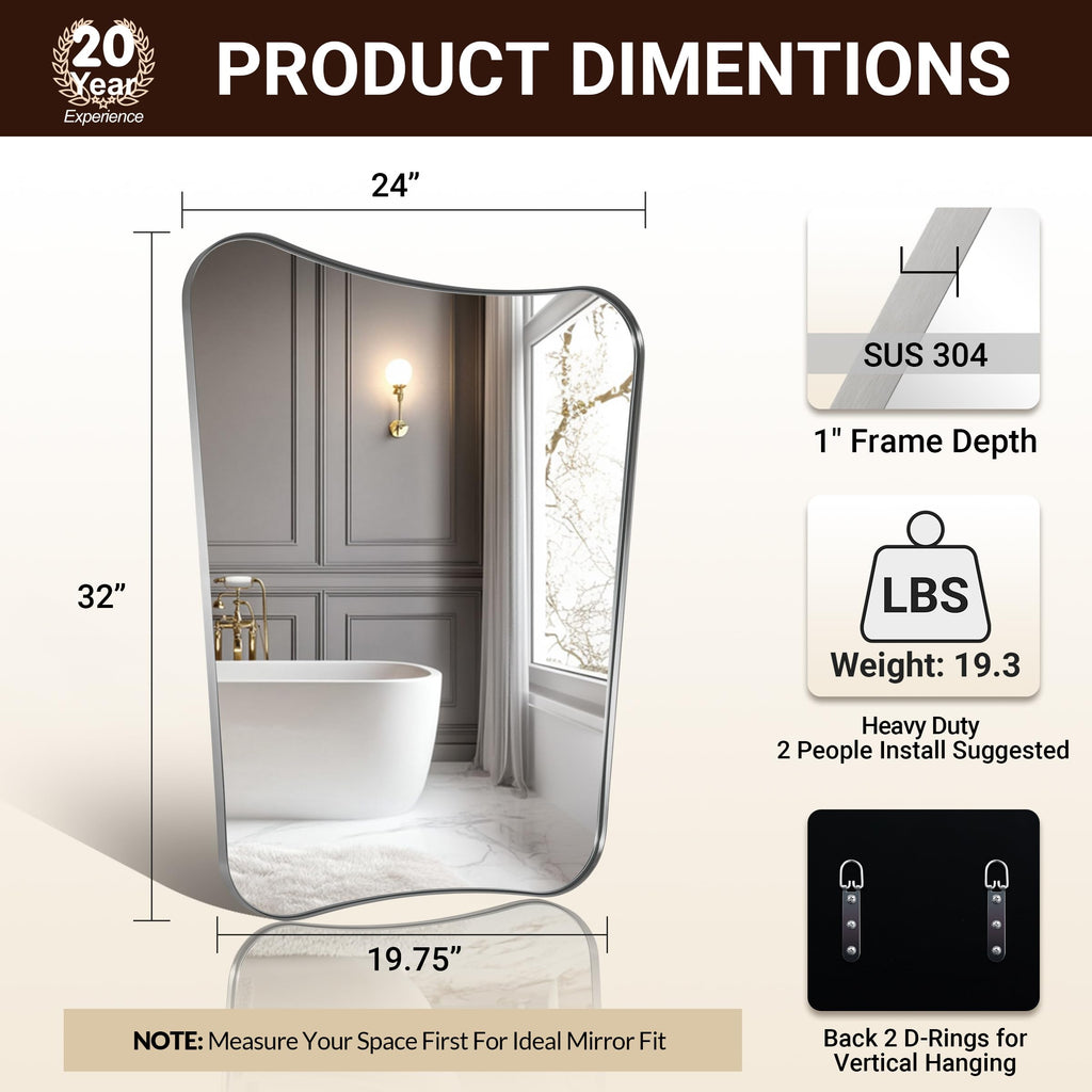 Brushed Nickel Asymmetrical Wall Mirror, 24x32 Inch Bathroom Vanity Mirror, Butterfly Shaped Designer Mirror Ideal