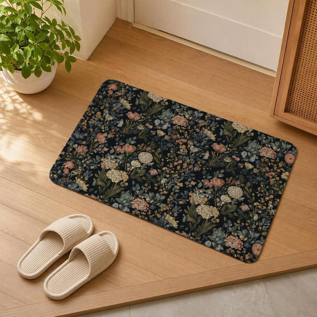 Vintage Dark Moody Floral Bath Mat, Rustic Hydrangea Bathroom Mat