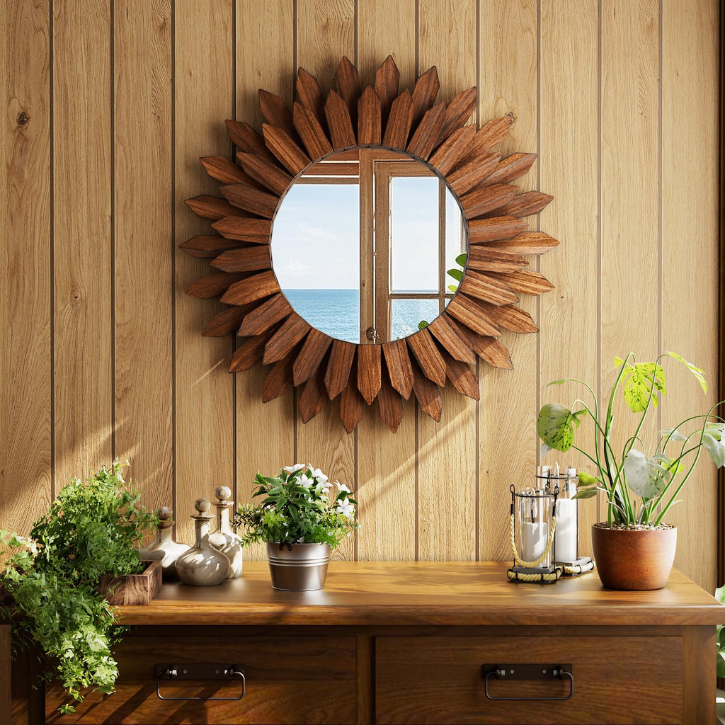 20" Walnut Round Sunburst Wooden Mirror Boho Rustic Wall Decor