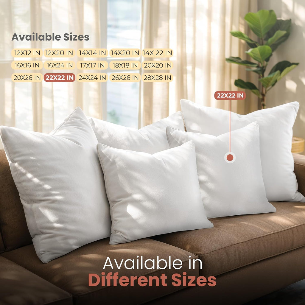 22x22 Pillow Inserts, White Throw Pillows for Couch, 2 Pack - Set of 2