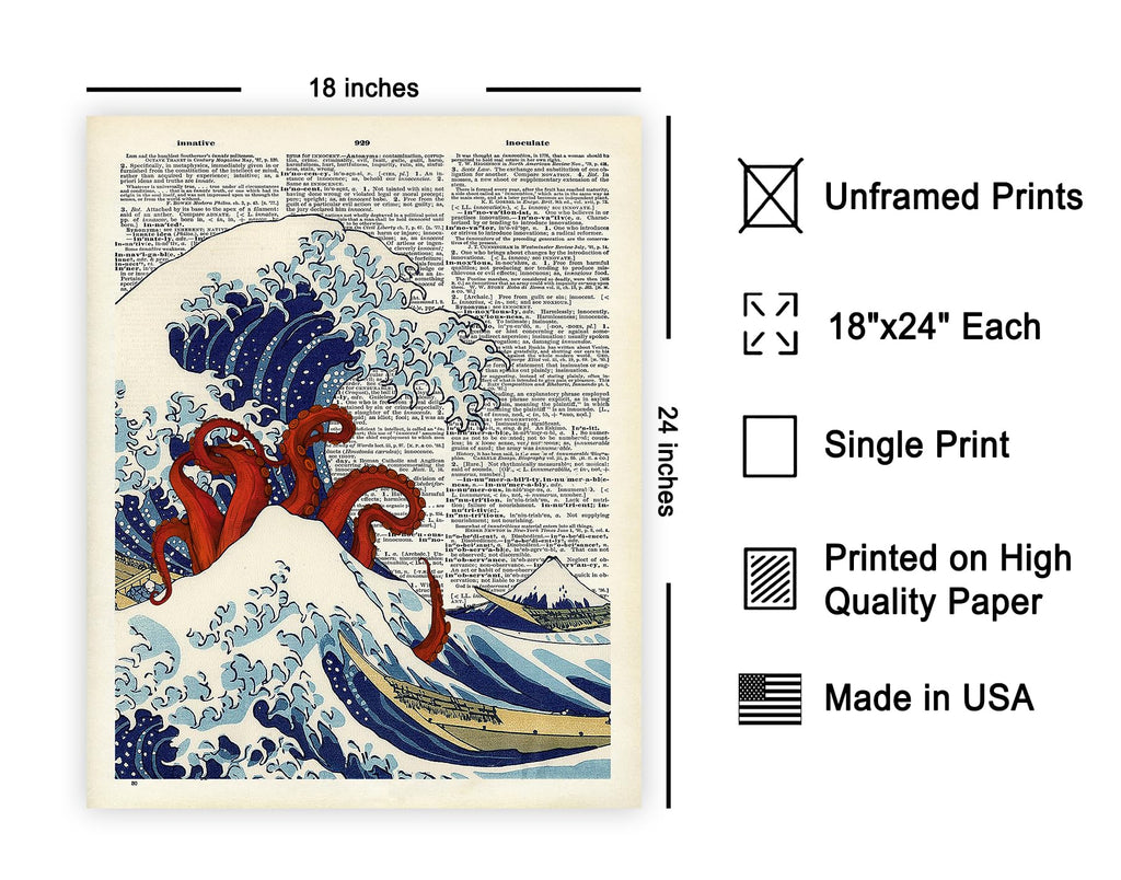 Tentacles and Great Wave Off Kanagawa Print - Dictionary Poster - Octopus Art - Gift for Men, Women - Nautical Decor