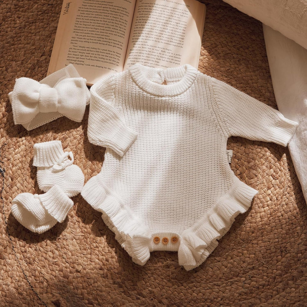 Cotton Newborn Set with Knit Sweater, Hair Band, Booties, Baby Girls