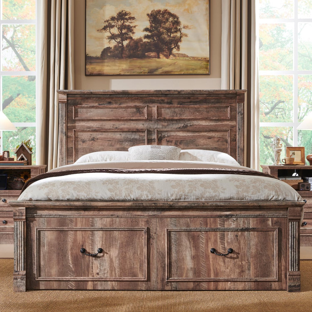 Farmhouse Queen Bed Frame with 51" Tall Headboard, Wood Platform Bed Frame with 20" Tall Roman Column Decoration