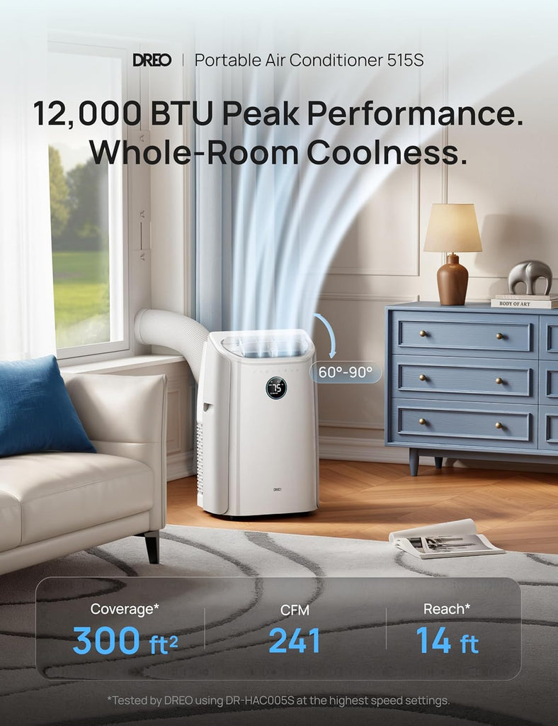 Portable Air Conditioner 515S, 12000 BTU ASHRAE (8000 BTU DOE) Smart AC Unitwith Drainage-free Cooling