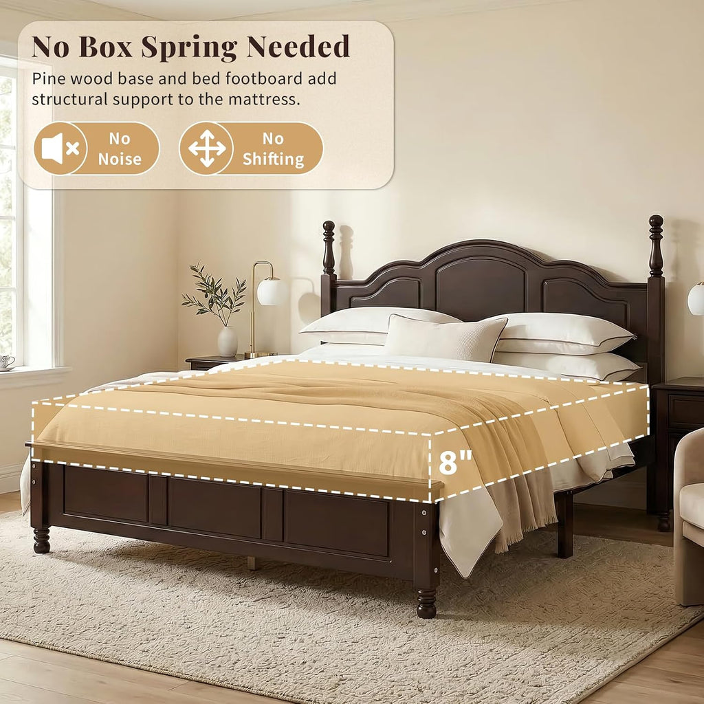Dark Walnut Wood Bed Frame Queen Size with Wave Shaped Headboard