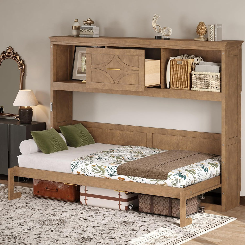 Farmhouse Wood Murphy Bed with Charging Station, Modern Wall Bed with Top Cabinet & Drawer, No Box Spring