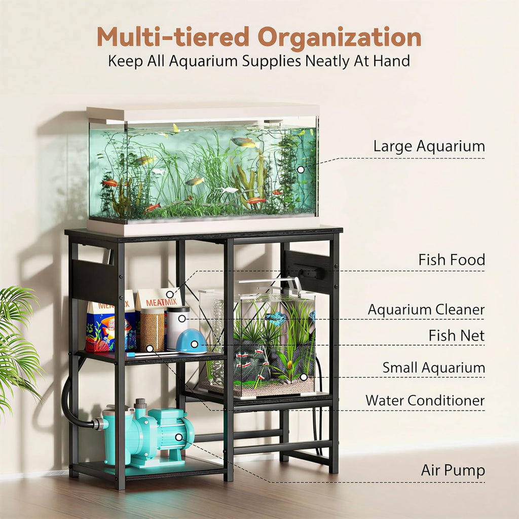 20-30 Gallon Fish Tank Stand with Power Outlets, 4 Tier Metal Aquarium Stand with Wood Storage Shelves, 30.7" L x