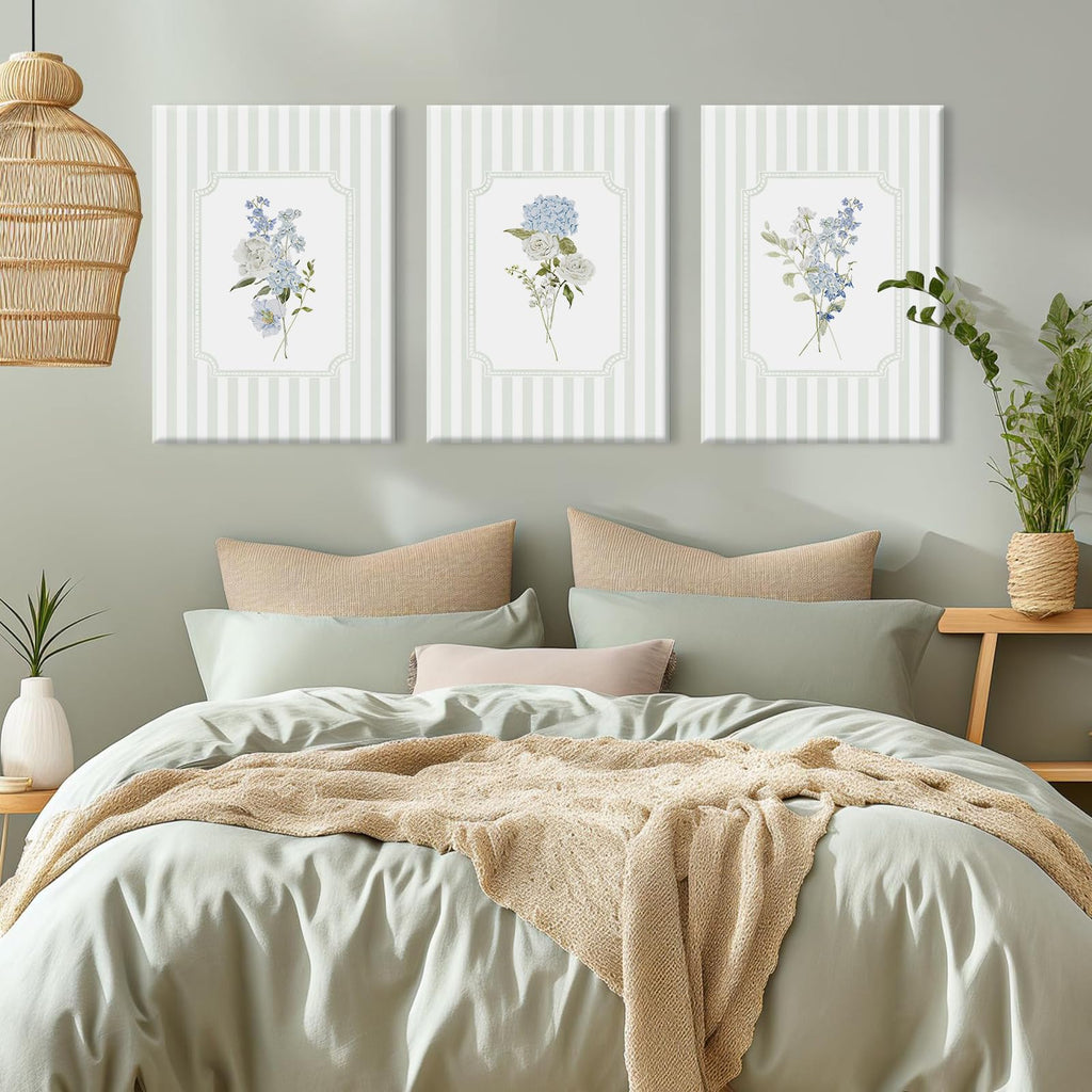 Blue Hydrangea Wall Art Floral Canvas Prints Sage Green Striped Wall Decor Botanical Pictures Chinoiserie Flower