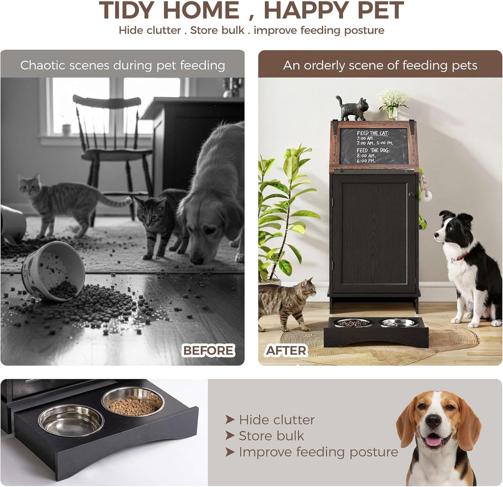 Dog Feeding Station with Storage, Dog Food Cabinet with 2 Hidden Feeding Bowls, Flip-Top Pet Storage Cabinet, Pet