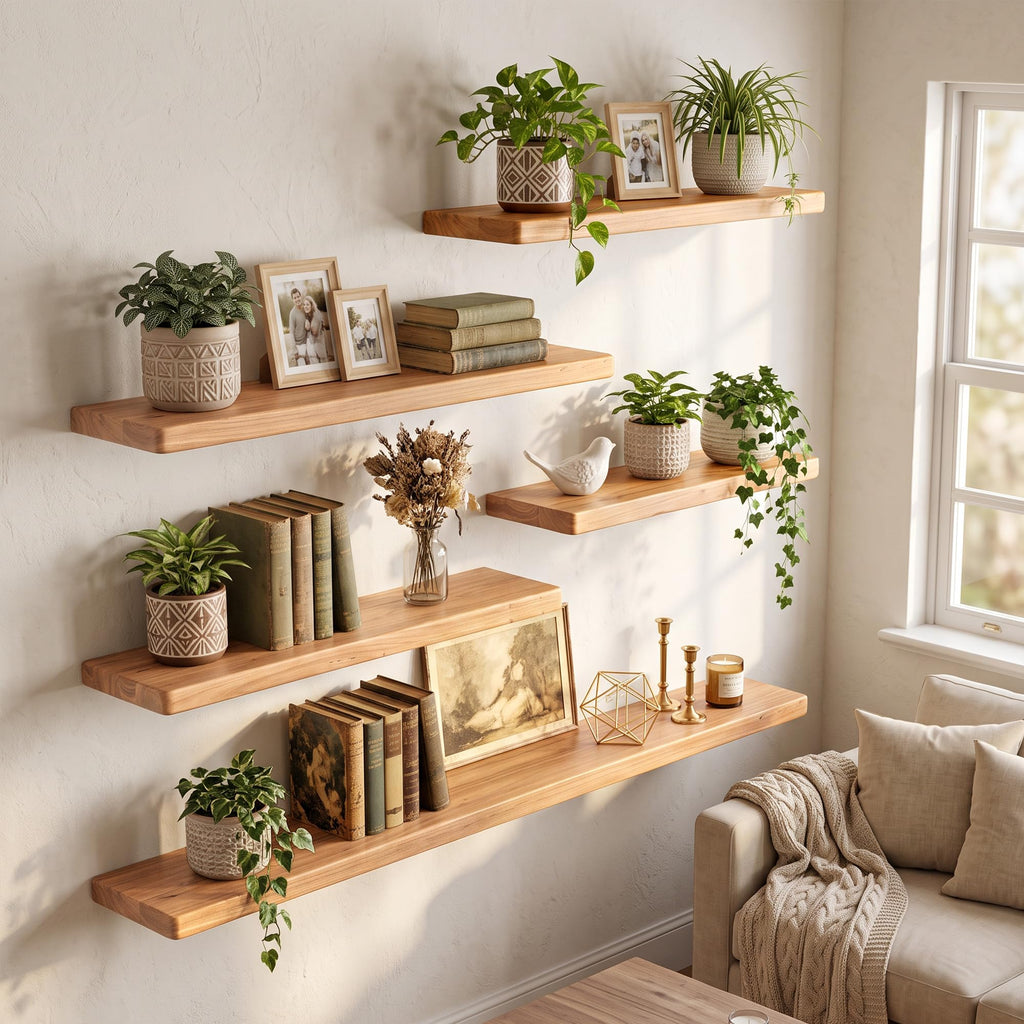 55in Solid Elm Wood Floating Shelves for Wall, Natural, Set of 1