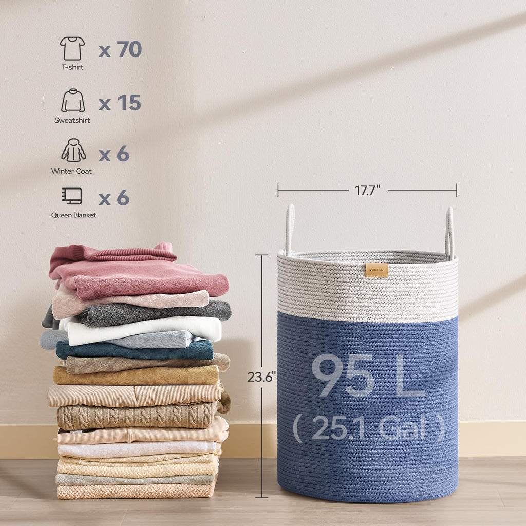 Laundry Hamper 95L,Large Laundry Basket for Clothes,Decorative Storage Basket for Blankets,Cotton Rope Woven basket