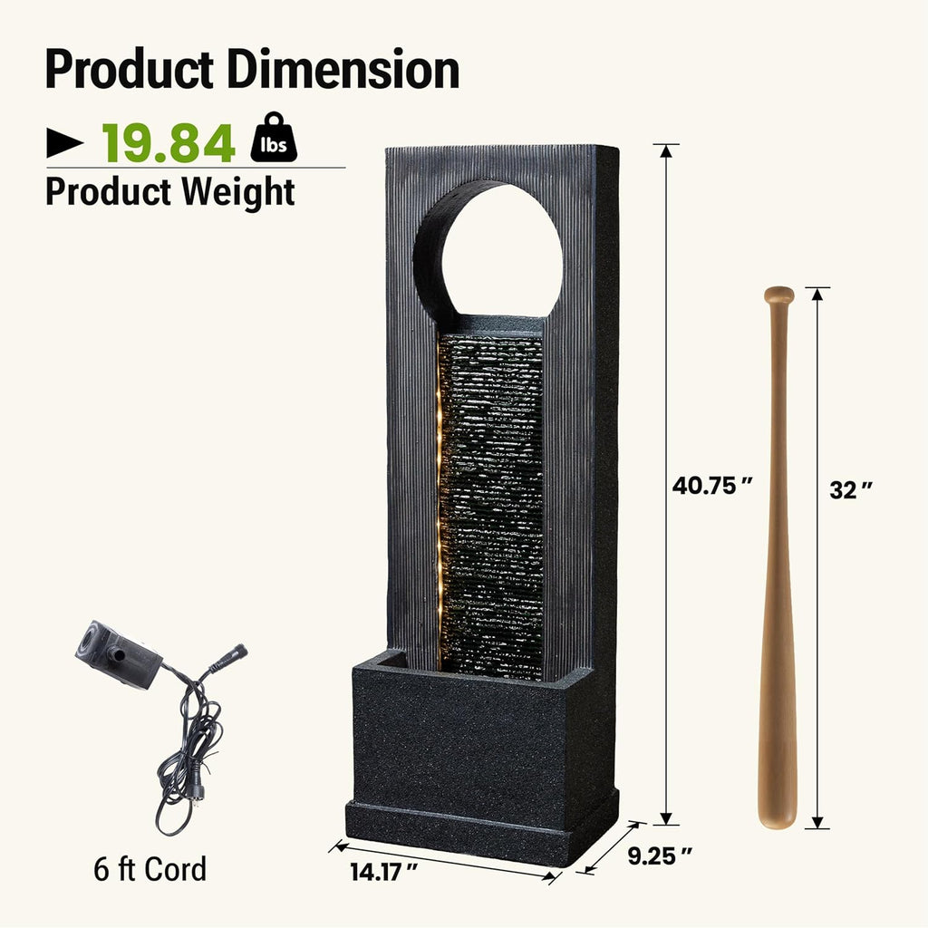 40-Inch Modern Outdoor Water Fountain, Large Floor Standing Resin Outdoor Fountain with LED Lights