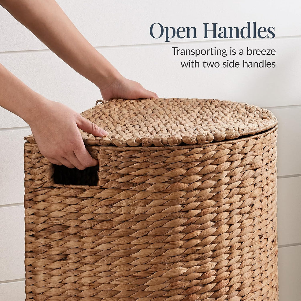 Half Moon Laundry Hamper w/Lid, Woven Half Round Laundry Basket, w/Removable Liner & Bult-in Handles & Laundry Room