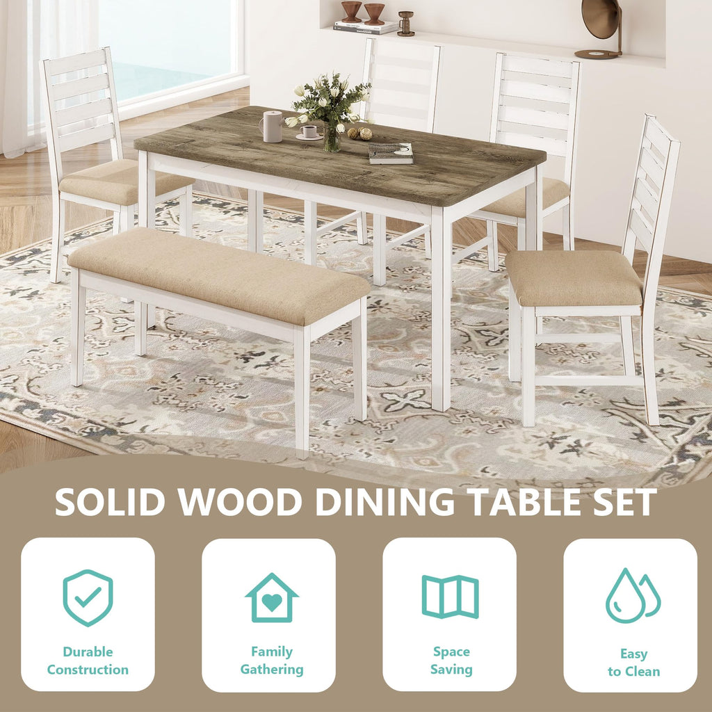 6 Piece Farmhouse Dining Table Set with 4 Chairs and 1 Bench