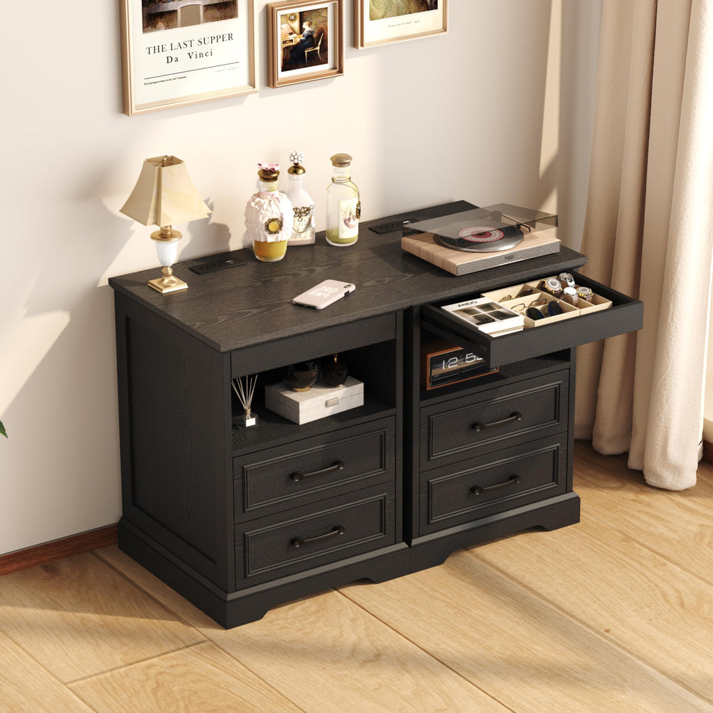 Farmhouse Night Stand with Gun Drawer & Invisible Lock, 25" Tall Bedside Table with Charging Station, End Table with