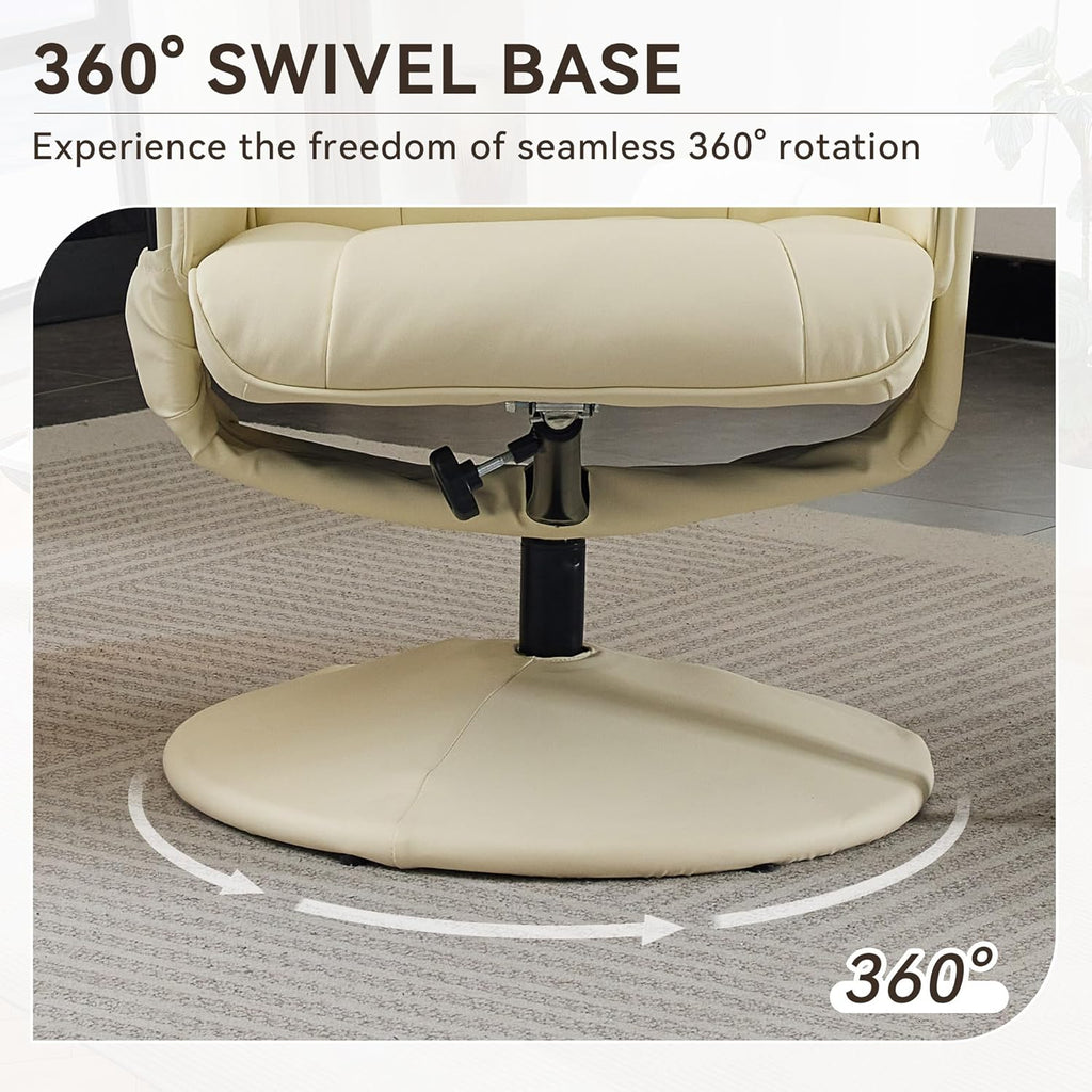 Modern Reclining Swivel Lounge Chair and Ottoman — Beige PU Leather