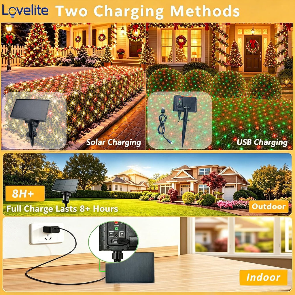 6.5ft x 6.5ft Solar Net Lights, 120LED 34 Colors Changing Christmas Net Lights Solar & USB Powered, Waterproof Mesh