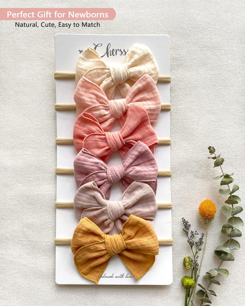 Baby Girl Muslin Headbands, 6pcs Cotton Baby Bows for Newborns