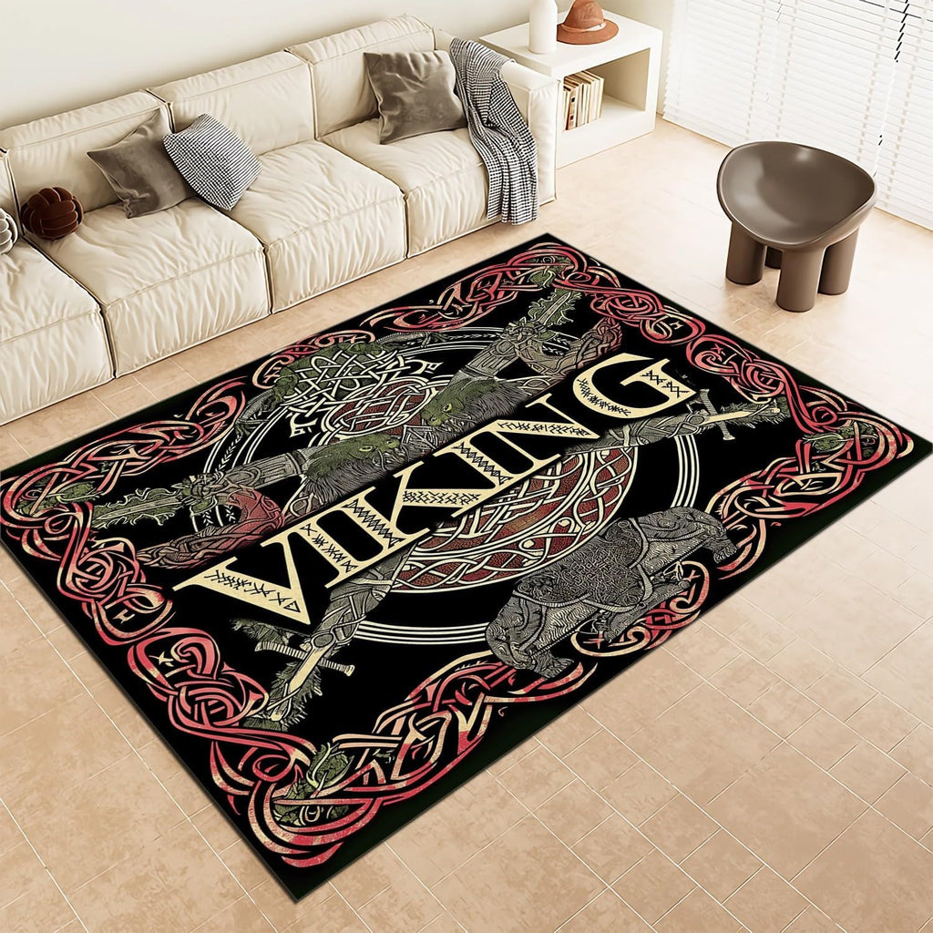 Traditional Nordic Viking Symbols Area Rug Living Room Bedroom Rugs Washable Carpet, Soft Fluffy Runner, Non
