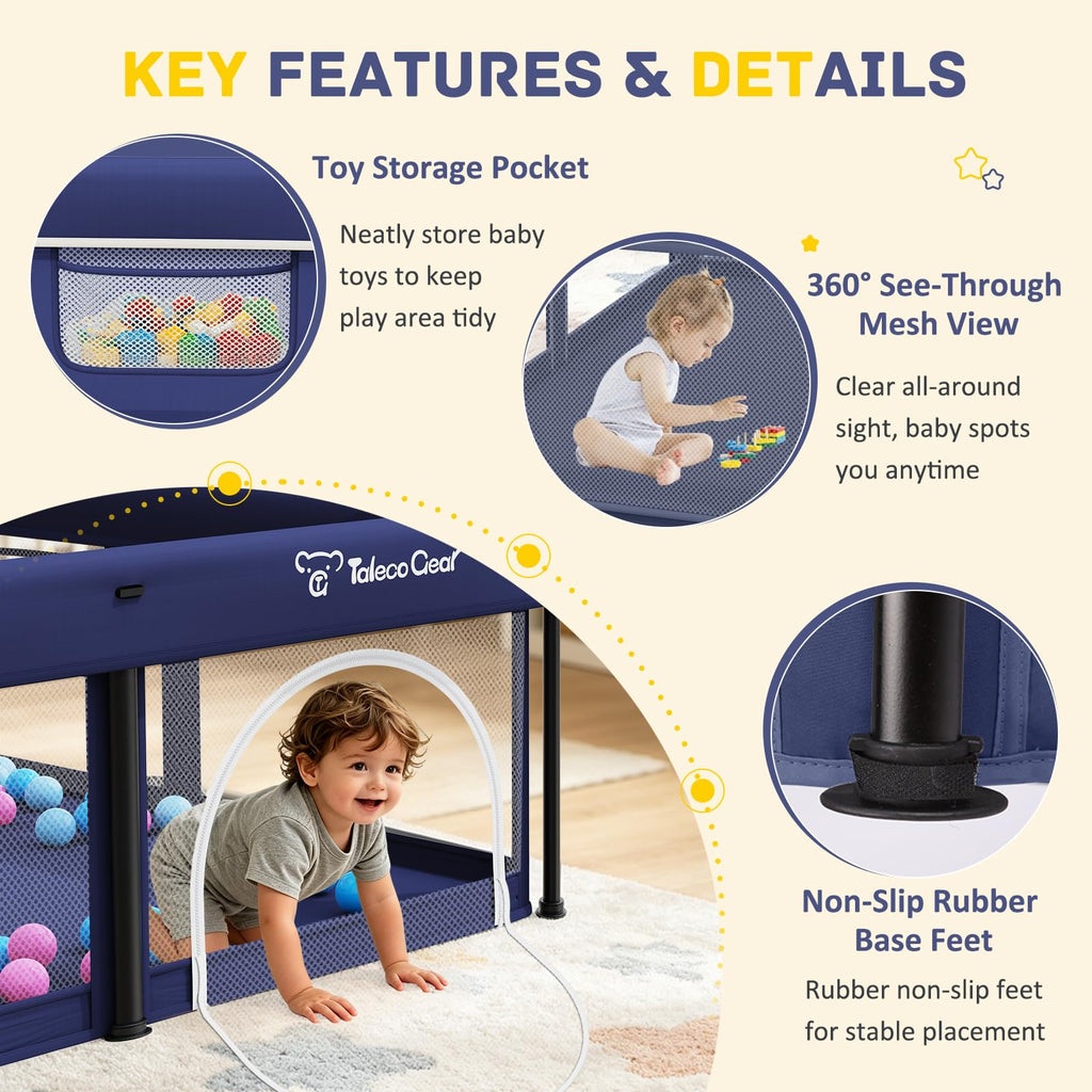Foldable Baby Playpen with Mat, 50"×50" Collapsible Play Pen for Babies and Toddlers, Indoor & Outdoor Kids Safety