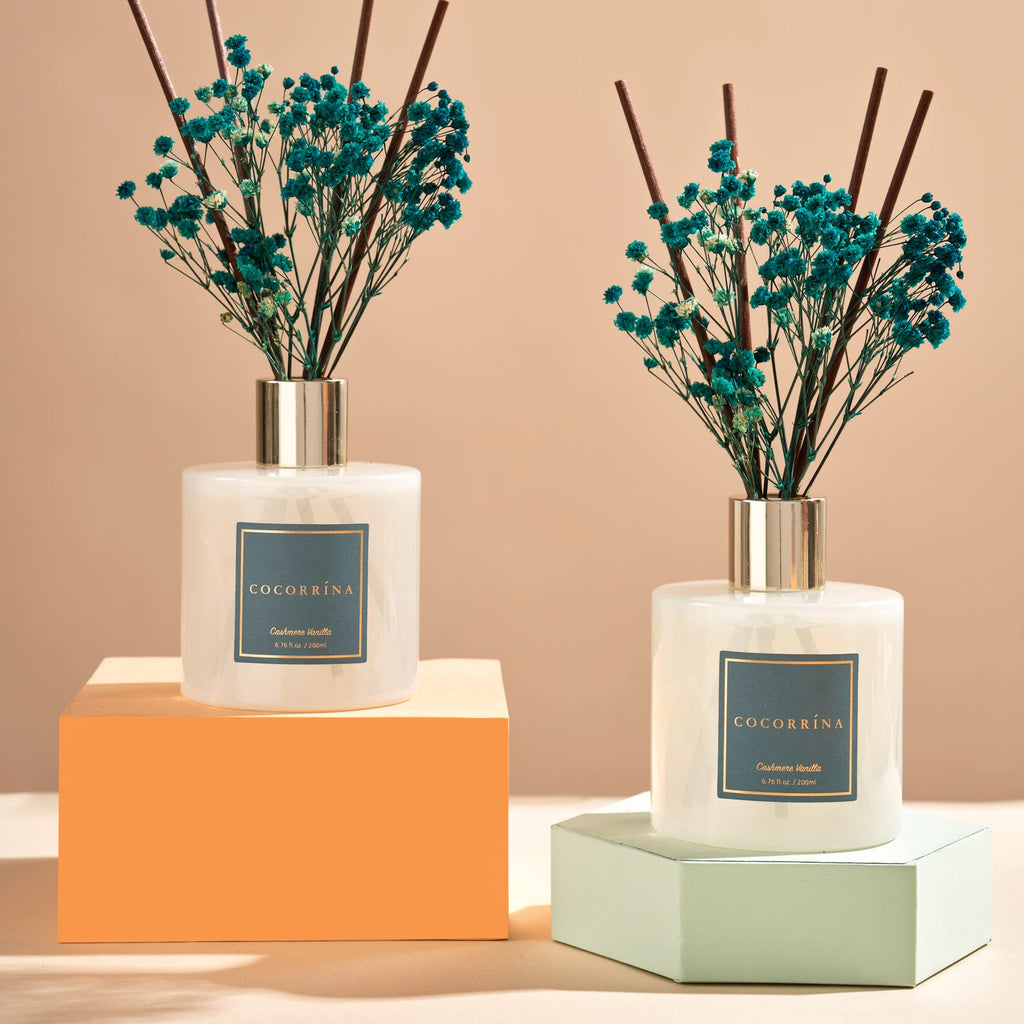 Premium Reed Diffuser Set with Preserved Baby's Breath & Cotton Stick Cashmere Vanilla 2 Packs, 6.7oz Scent Fragrance