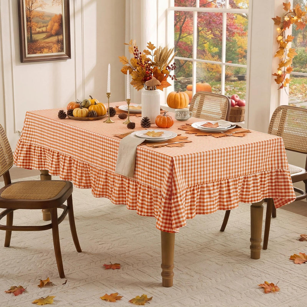 Fall Gingham Ruffled Tablecloth Rectangle, 60 x 84 Inch Orange