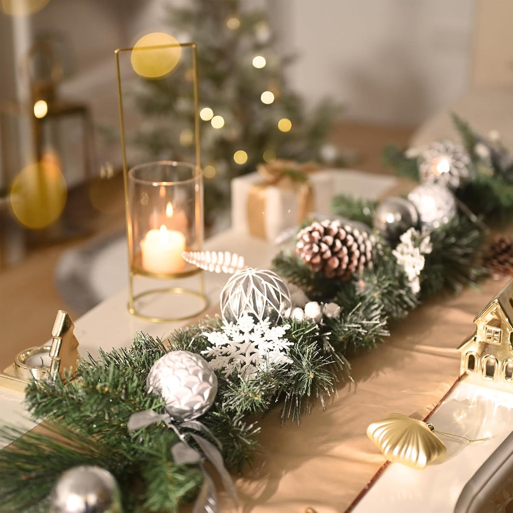 9 Feet Pre-Lit Christmas Garland with Lights for Mantle, Lighted Outdoor Xmas Garland with Silvery White Ball