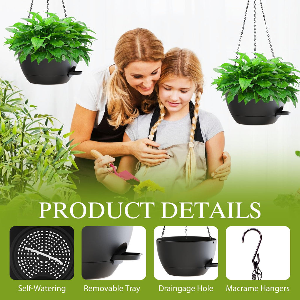 12 Inch Hanging Baskets 2 PC with Chains, Self-Watering Hanging Planters for Indoor Outdoor Plants, Plastic Hanging