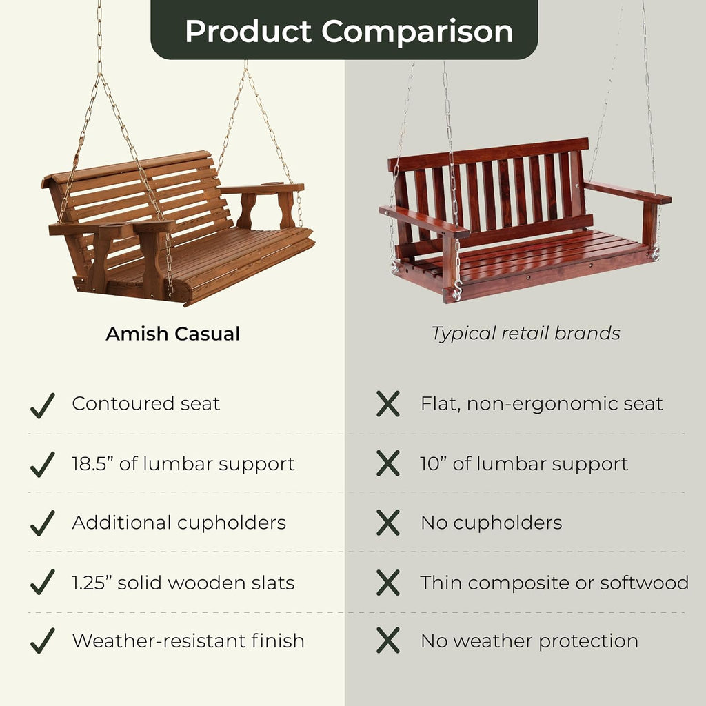 Casual Heavy Duty 700 Lb Capacity Porch Swing with Cup Holders (4 Foot, Cedar Stain) - Wooden Outdoor Roll Back Swing