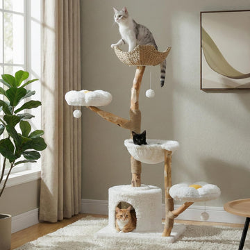 59" Modern Wood Cat Tree for Large Cats, Boho Style, Cloud White