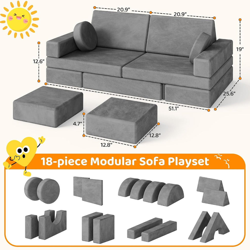 18Pcs Kids Play Couch, Modular Foam Couch, Convertible, Grey