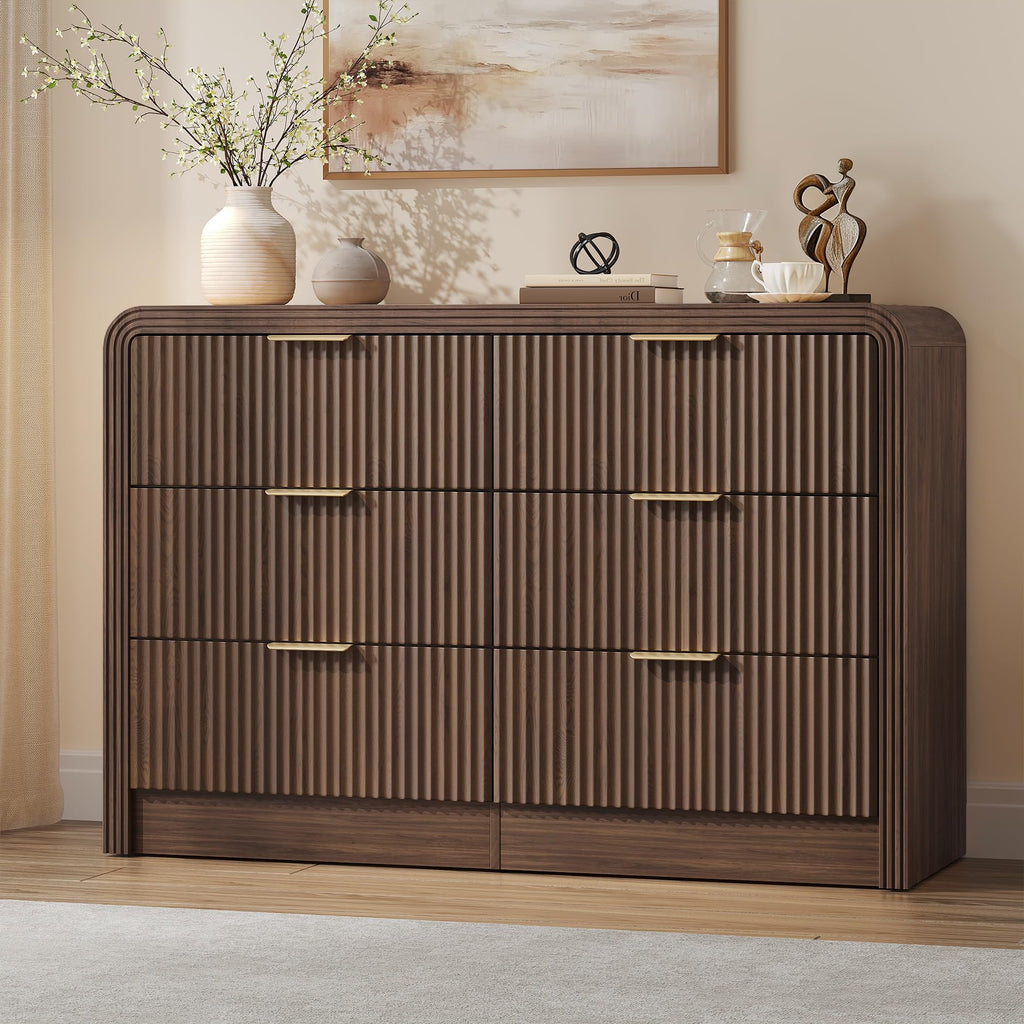 47" W Fluted 6-Drawer Dresser, Walnut