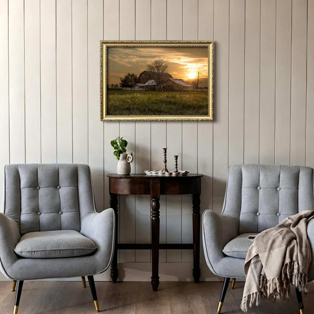 Vintage Gold Framed Sunset Farmhouse Wall Art, Rustic Country Barn Canvas Painting Print Picture, Retro Rural