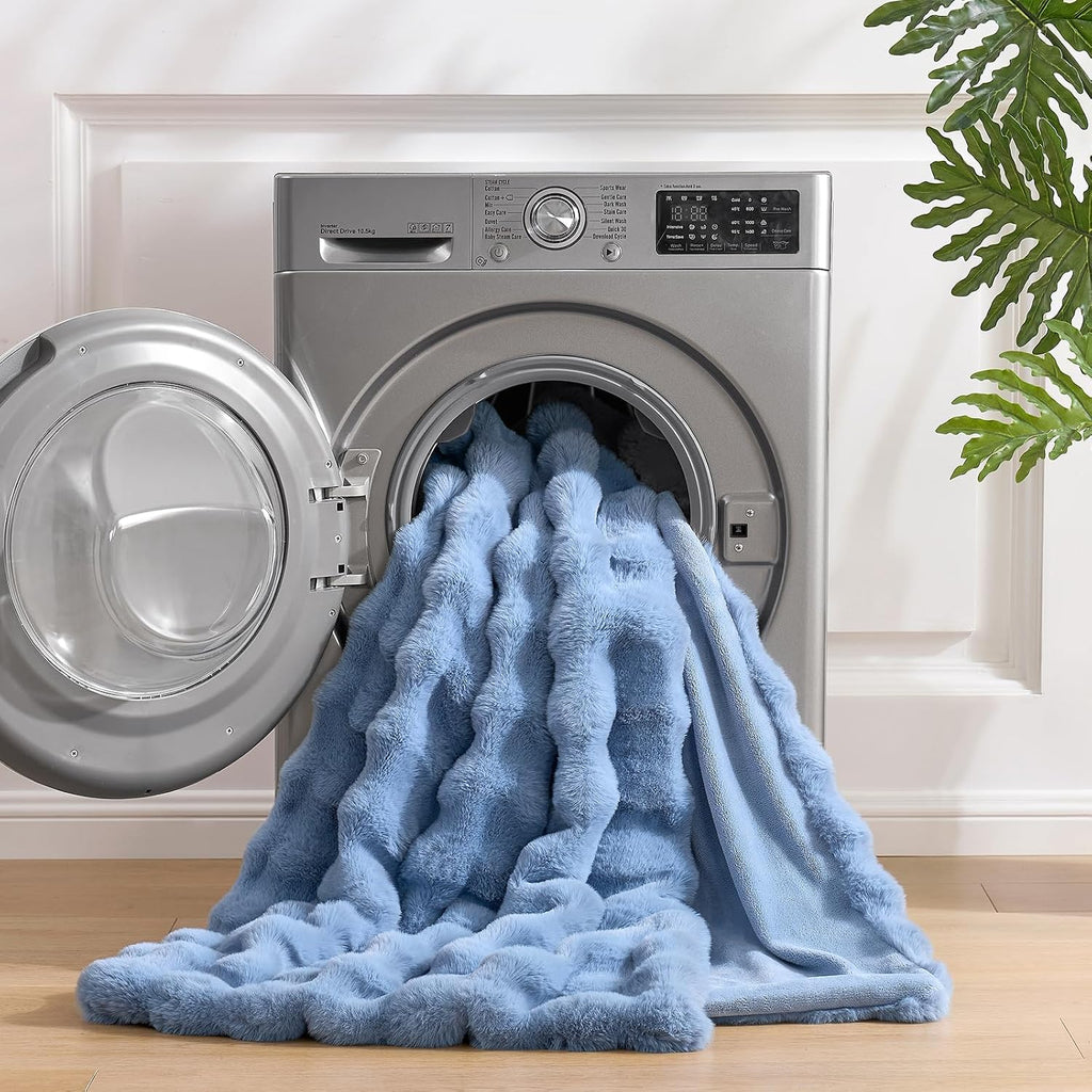 Faux Fur Bubble Throw for Couch, Fuzzy Soft Plush Thick Blanket for Sofa Bedroom Living Room, 60x80 Inches Misty Blue
