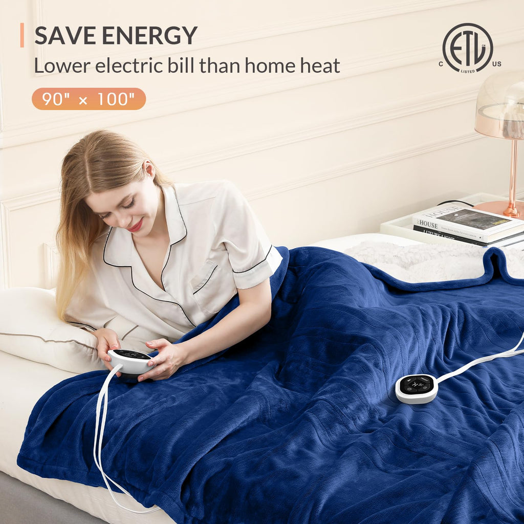 Heated Blanket, 10 Heat Settings, 1-10 Hour Timer, Navy