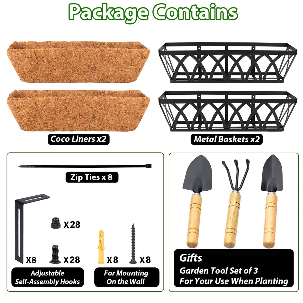 Deck Railing Planter Window Box - 2 Pack 24 Inch Deck Balcony Rail Planter with Coconut Coir Liner, Fence Metal