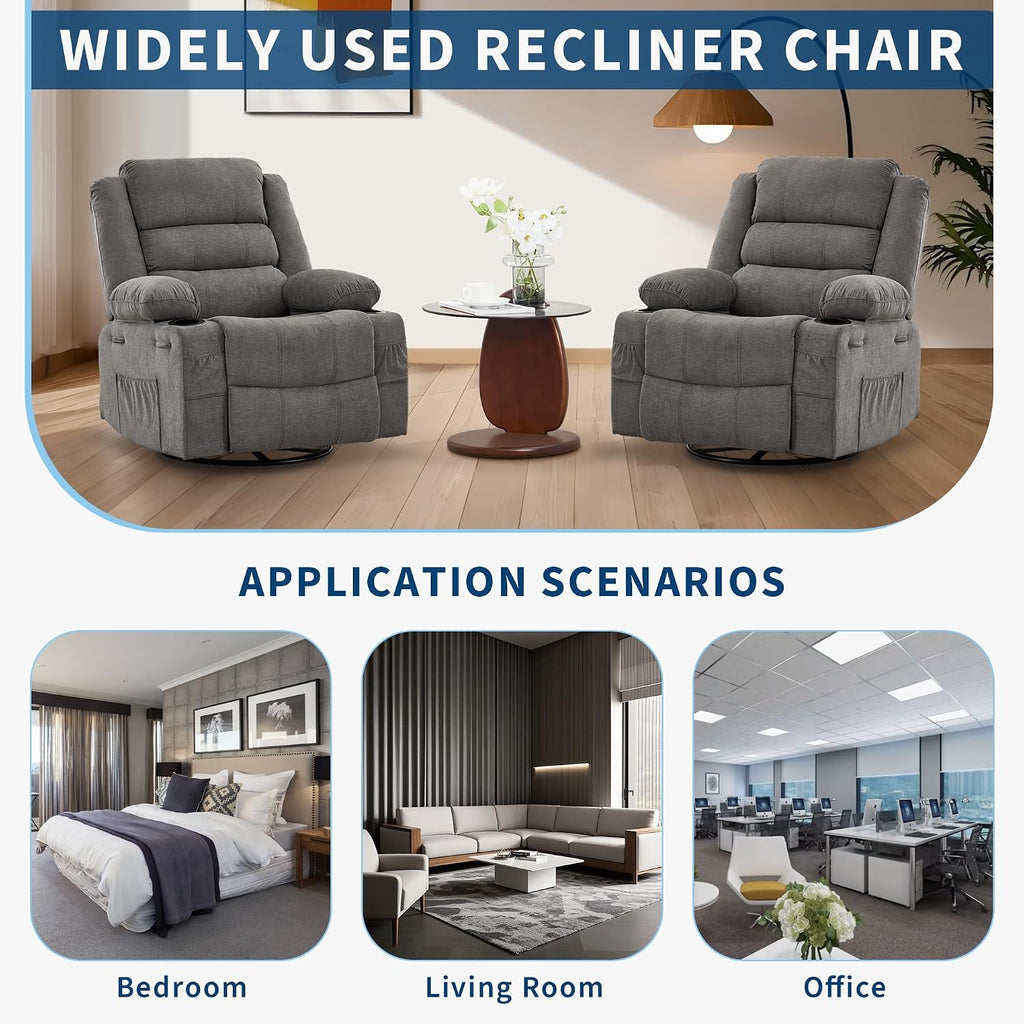 Rocking Recliner Chair for Adults Wide 360° Swivel Rocker Recliner | with Cup Holder Nursery Glider with Upholstered