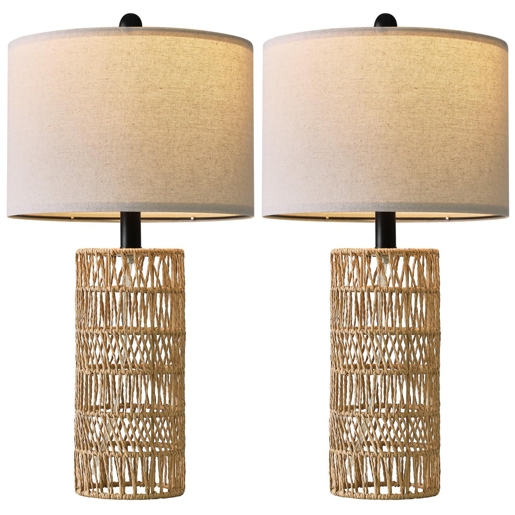 22.5" Boho Table Lamps Set of 2, Bedside Lamp for Nightstands, Rattan Lamp, Farmhouse Table Lamp for Room Decor