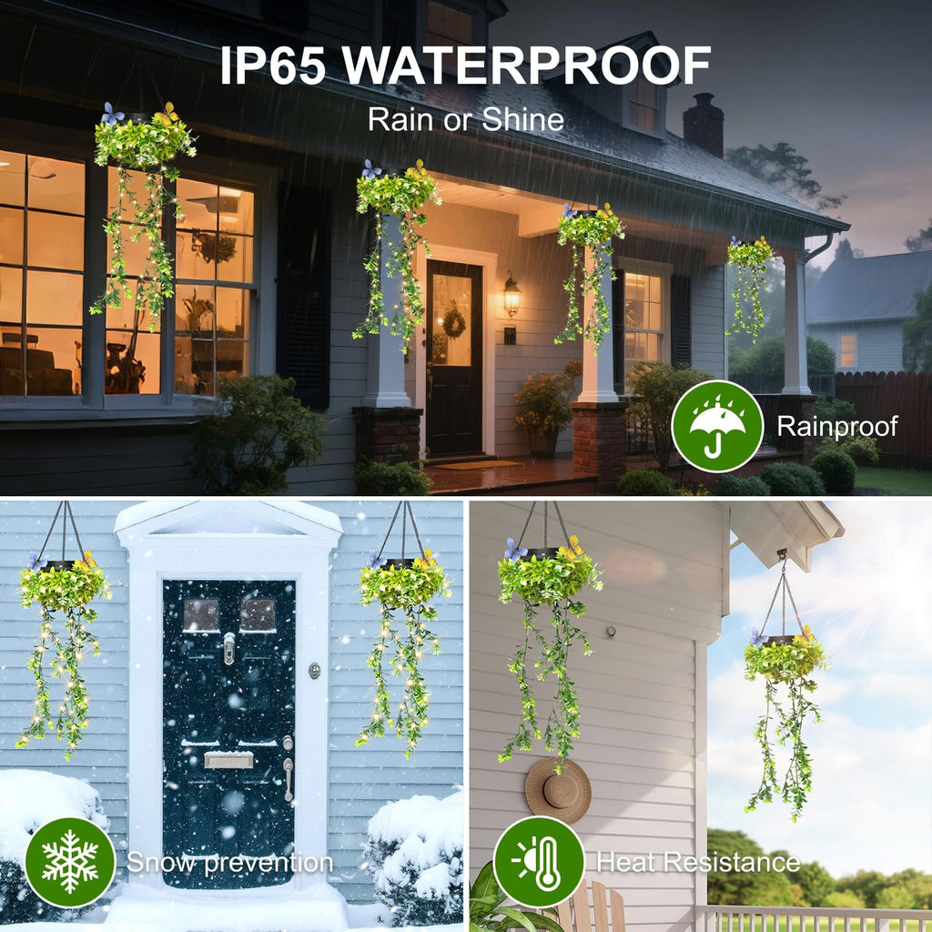 Solar Hanging Garden Lights, 4 Pack 66 LED Outdoor Lights with Realistic Milan Grass & White Flowers, IP65 Waterproof